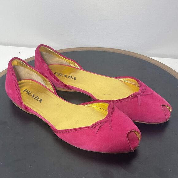 Prada Peep Toe Ballet Flats Women US 7.5 Pink Suede Bow Made in Italy 37.5 - Picture 2 of 11